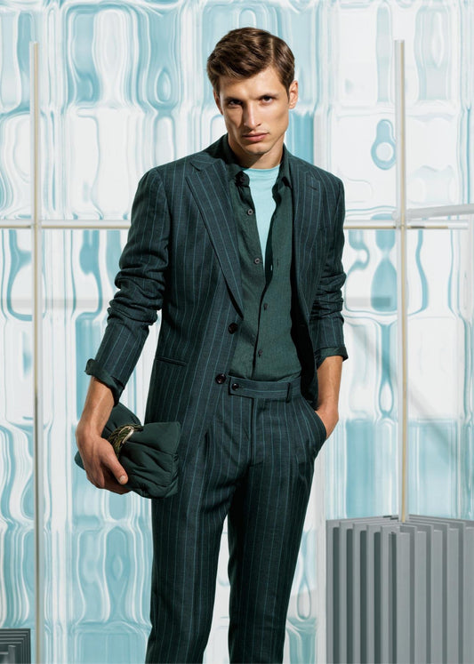 Green striped slim fit suit